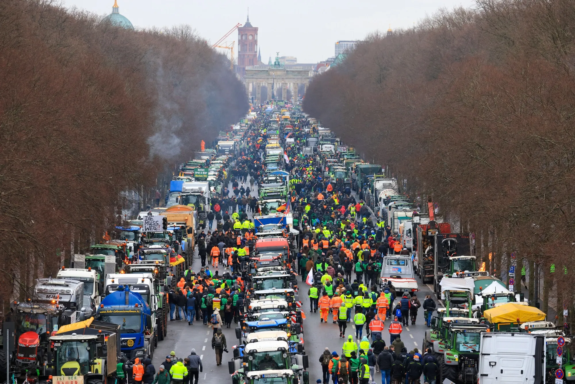 Farmers protest near the Brandenburg Gate in Berlin.