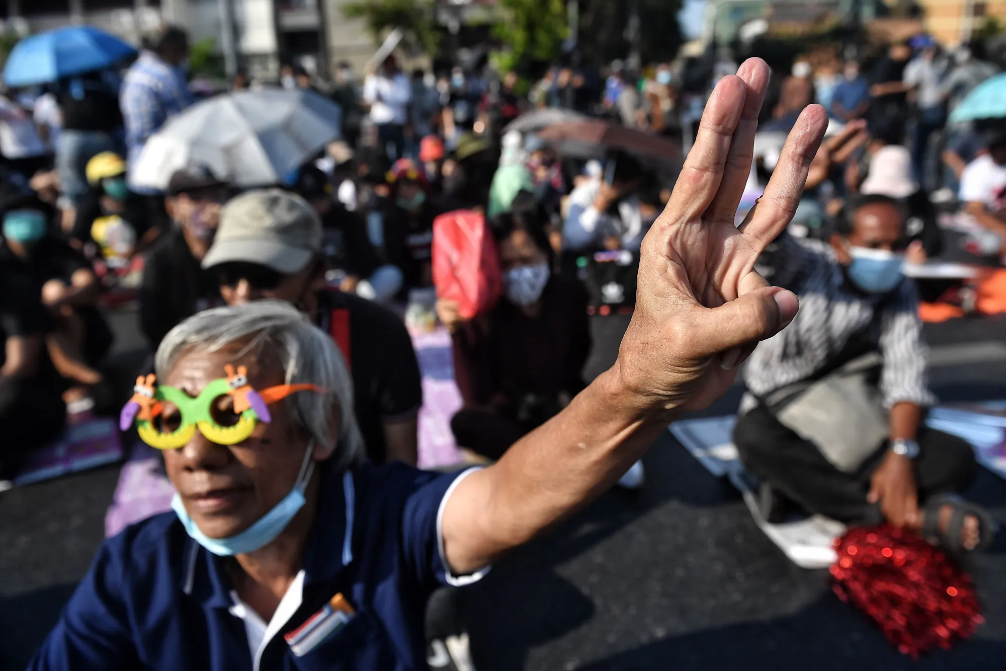 Protesters call&nbsp;for the release of pro-democracy leaders in Bangkok on March 7.