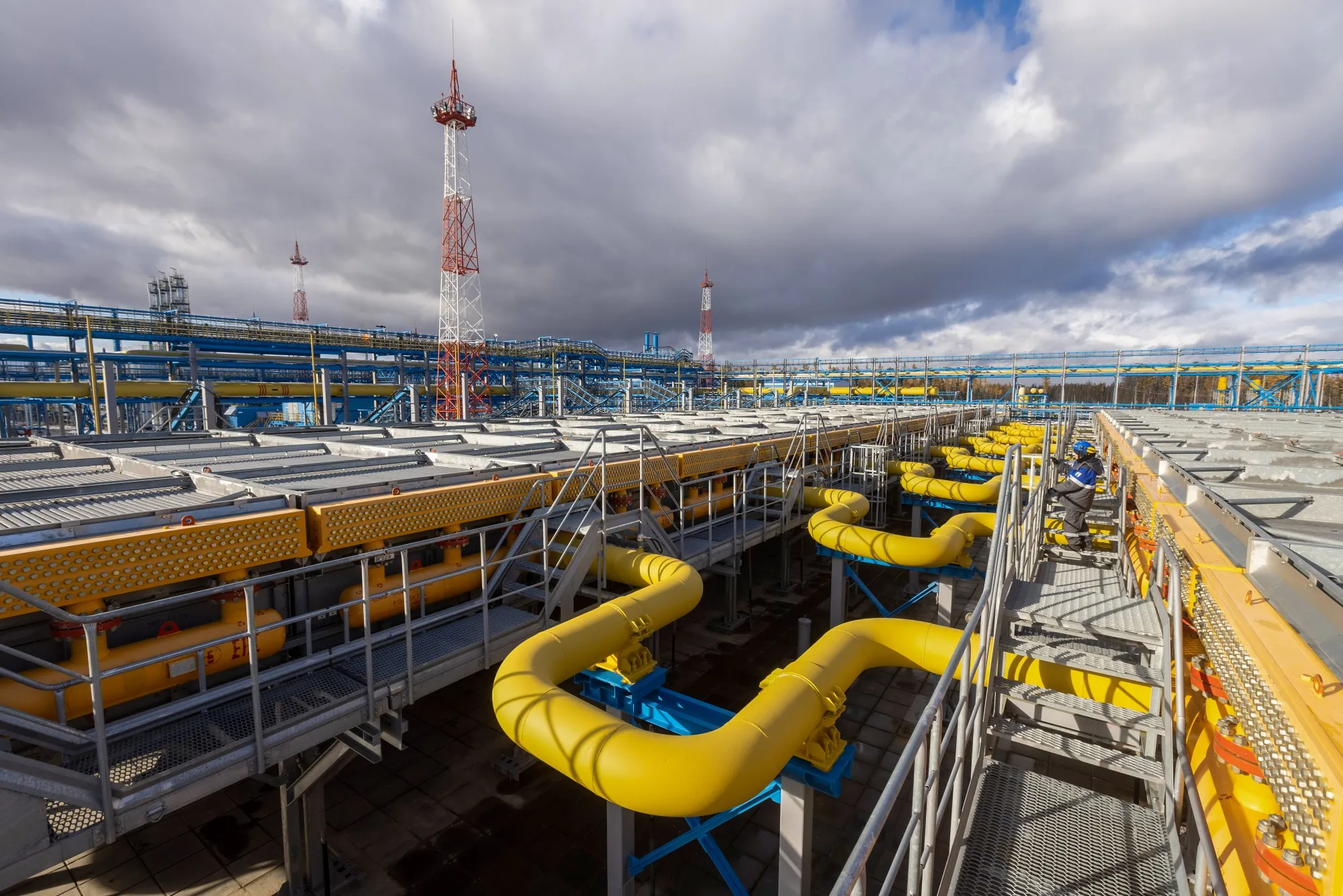 Connected pipework at a gas treatment facility in the Lensk district of the Sakha Republic, Russia.