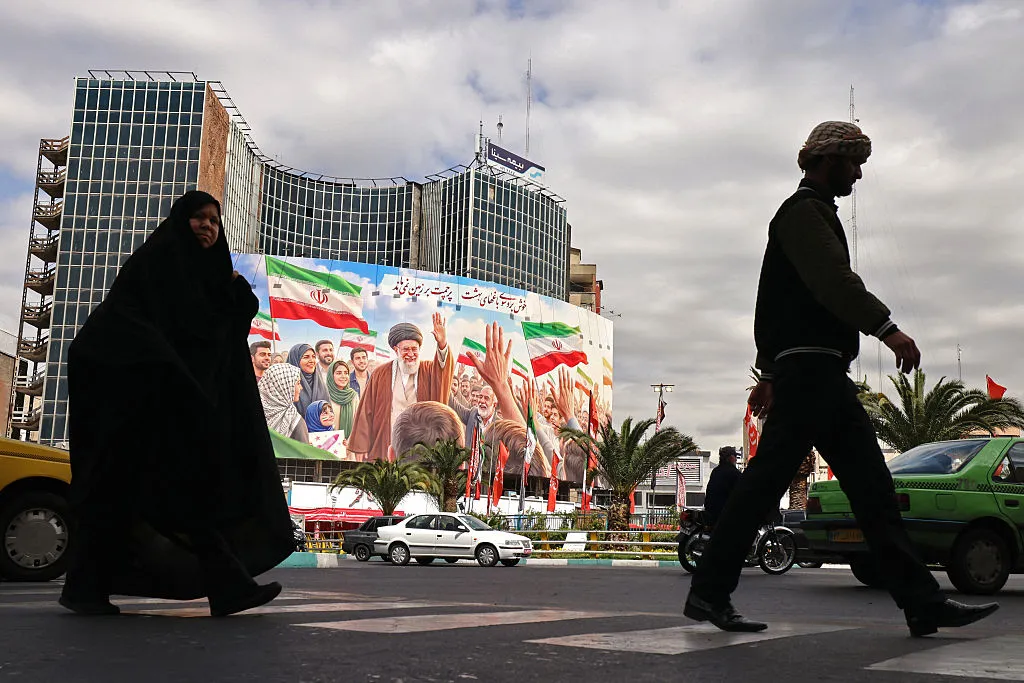 A billboard of former Iranian supreme leader Ayatollah Ali Khamenei at the Valiasr Square in Tehran, on April 19.