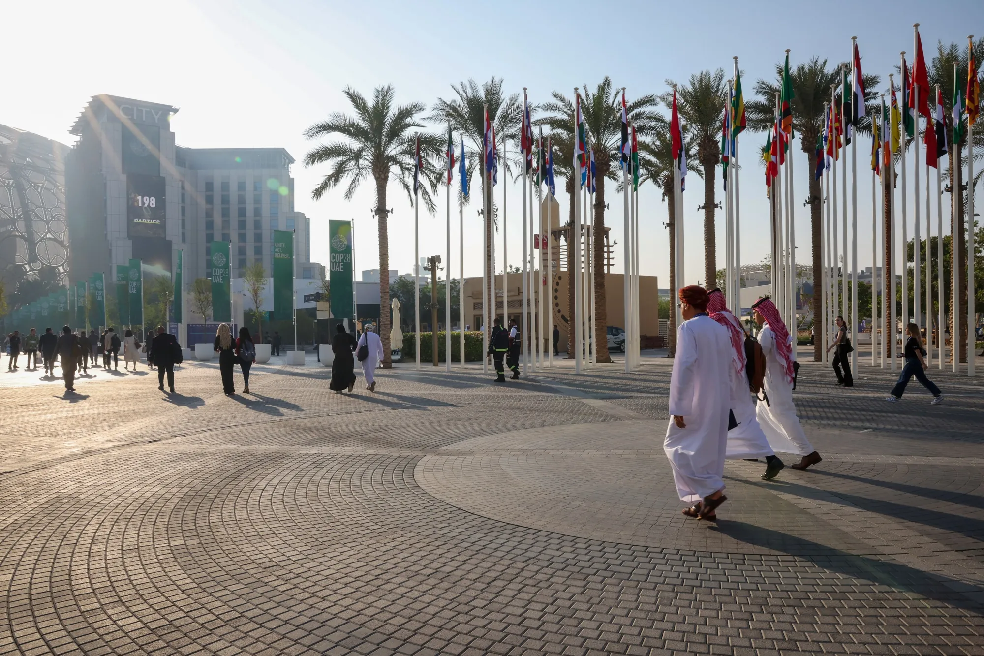 Attendees at the COP28 climate conference at Expo City in Dubai.