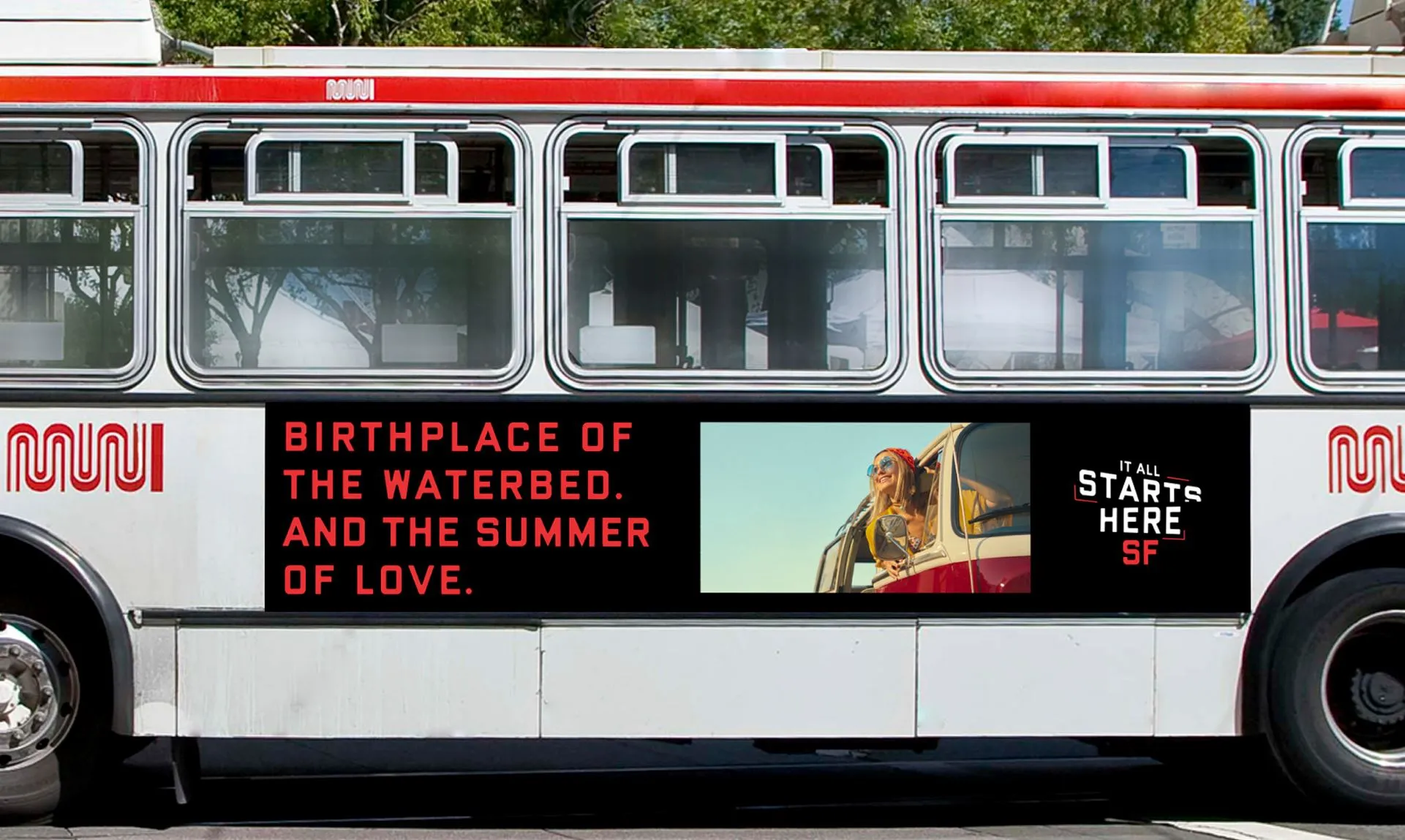 One of the advertisements for San Francisco on the side of a city bus.