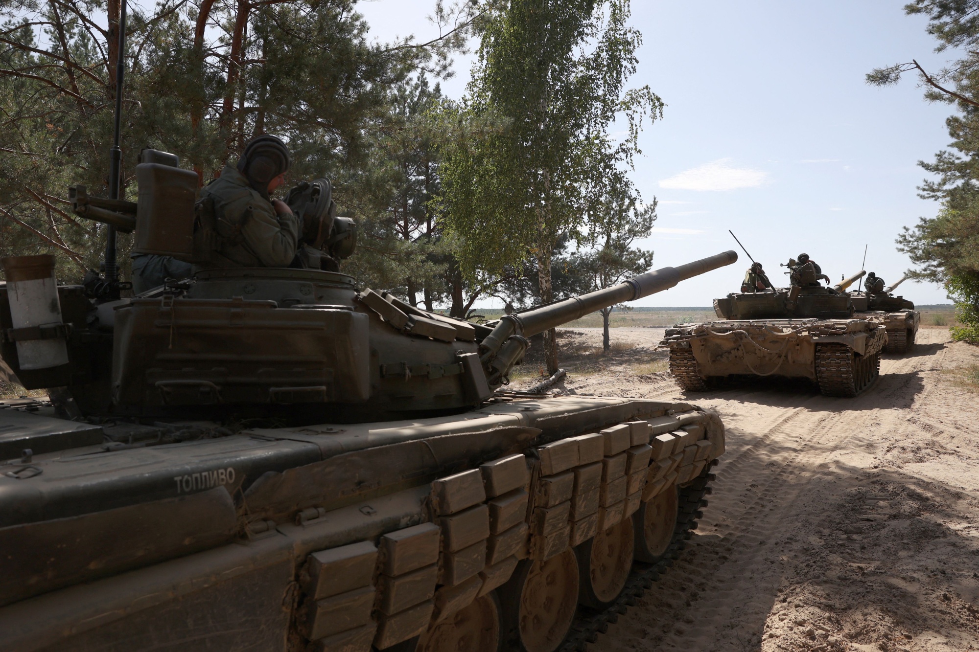 Ukrainian tanks take part in a training exercise in the Chernigiv region of Ukraine.&nbsp;