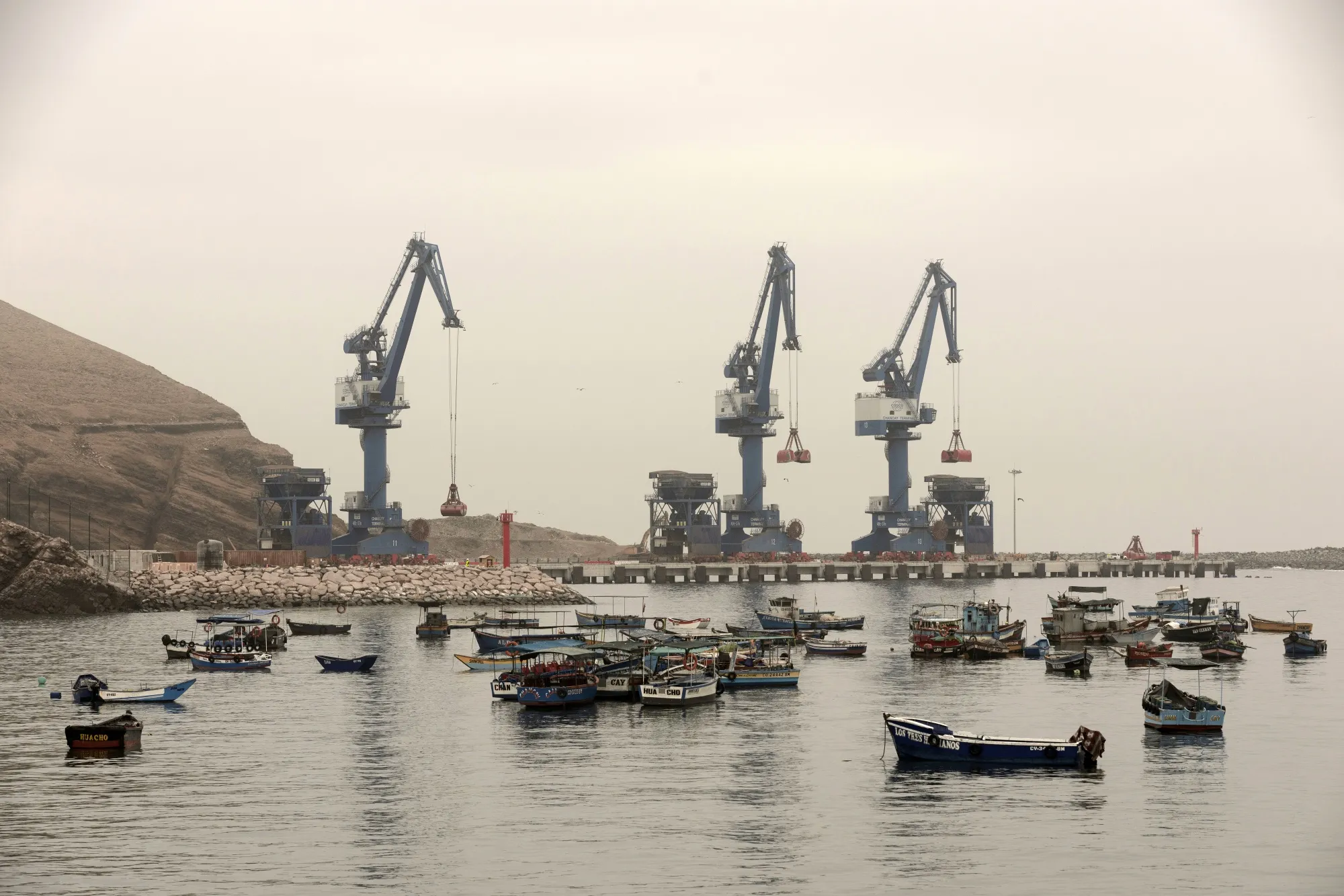 Fishing boats near the Chancay Port in Peru, which was built with the aim of slashing shipping times between South America and China.