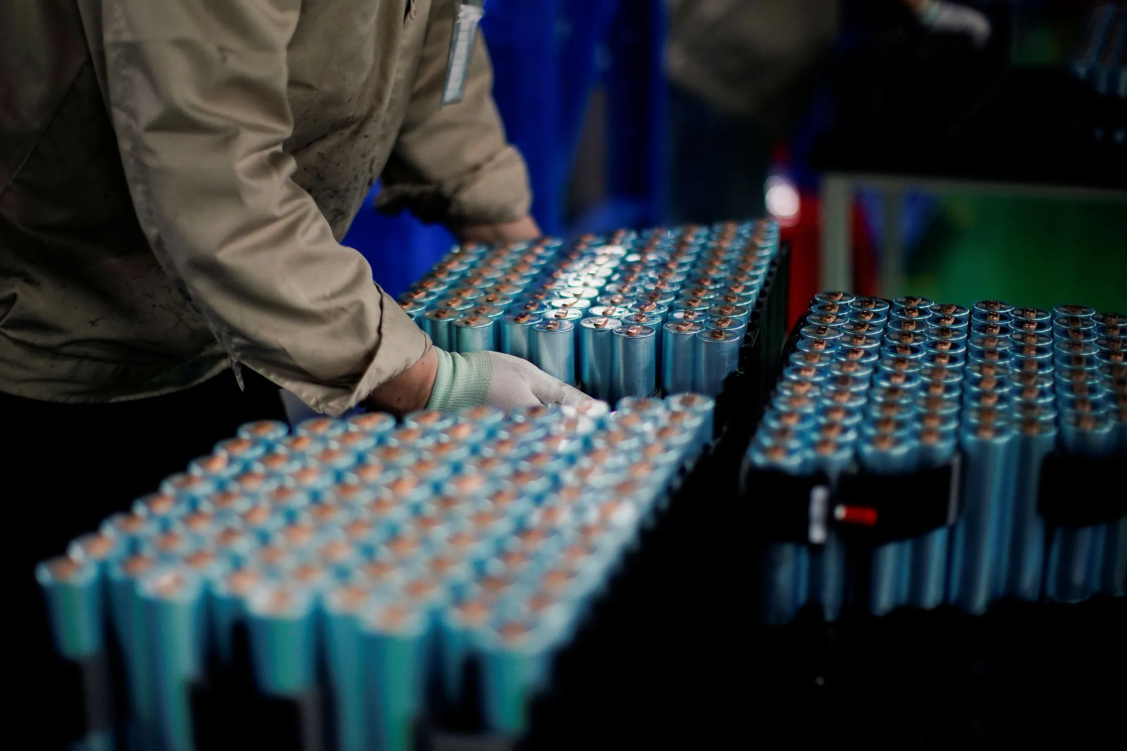 An employee works on the production line of EV battery manufacturer Octillion in Hefei, Anhui province, China.&nbsp;