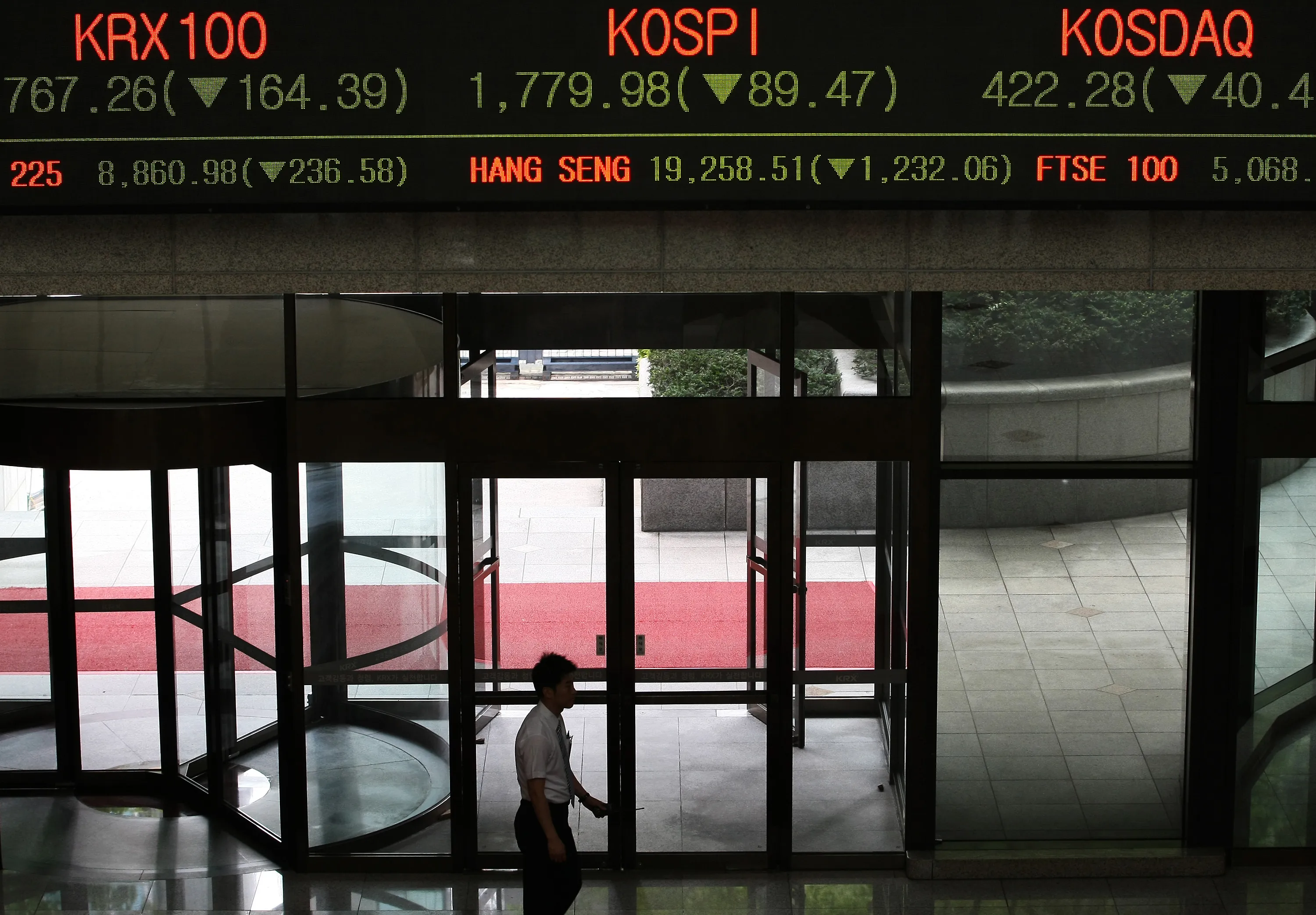 A security guard walks below a monitor&nbsp;at the Korea Stock Exchange in Seoul.