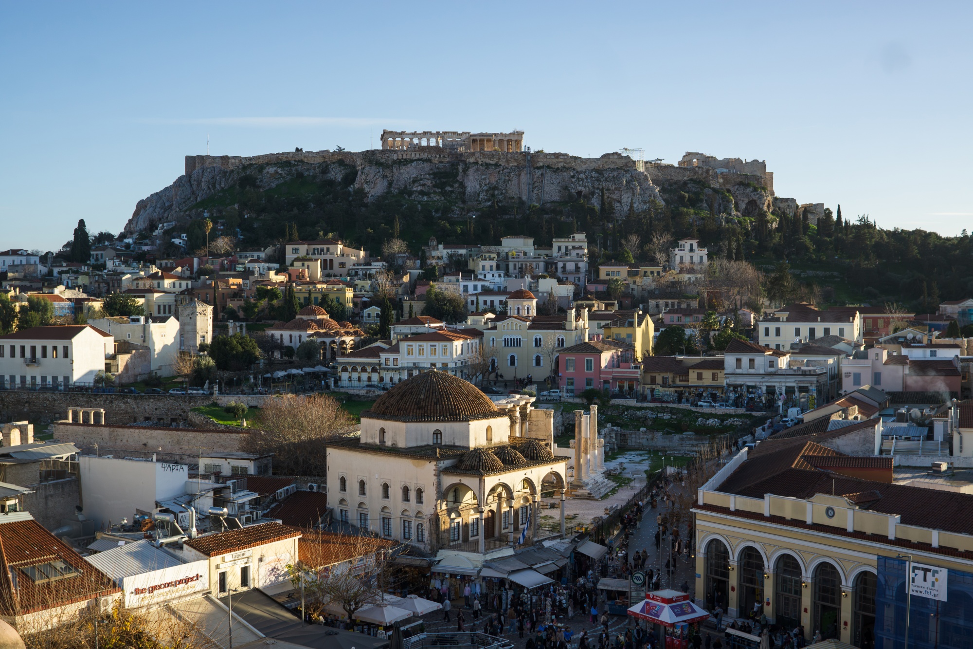 The Acropolis overlooking buildings in Athens.