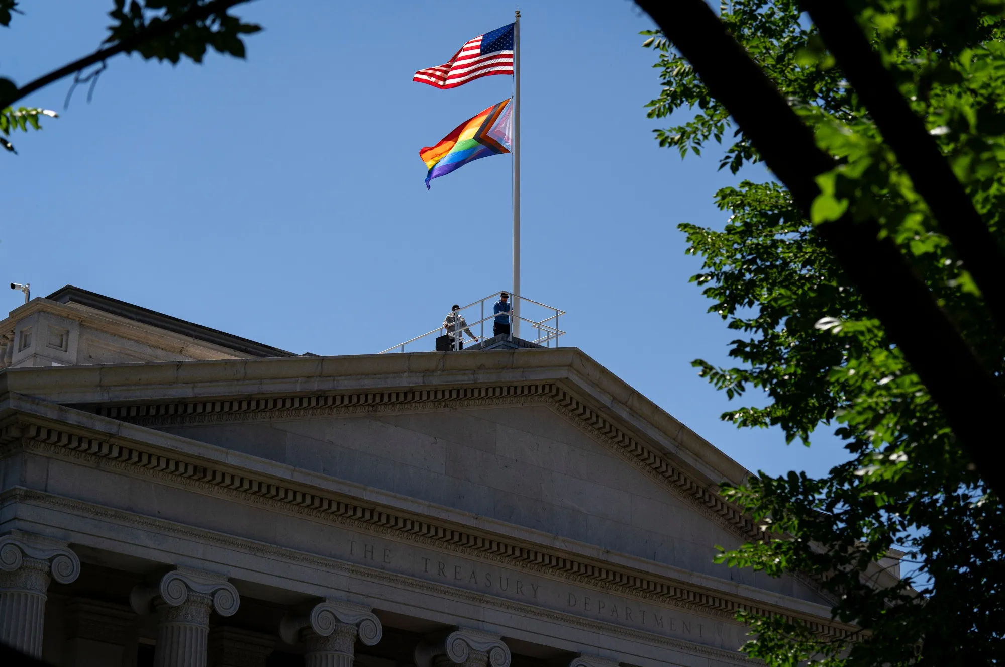A&nbsp;Pride flag on the US Treasury Department in Washington, last spring.&nbsp;