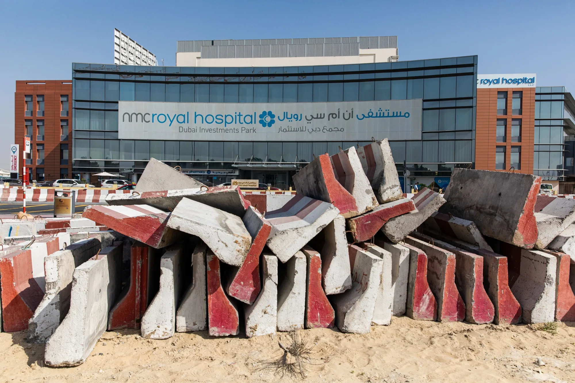 Construction material sit outside the NMC Royal Hospital, operated by NMC Health, in Dubai on March 1.