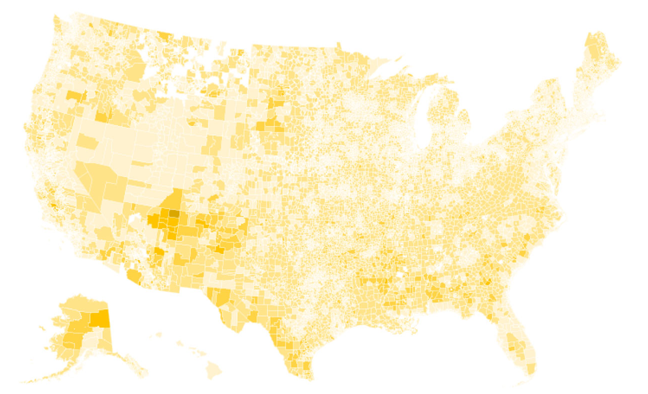 School districts are mapped by the percentage of households without internet. The darker the shade, the higher the rate of internet-free homes.