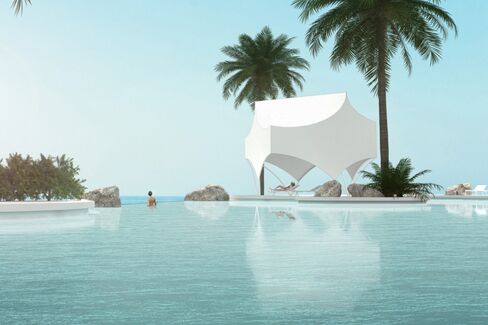 Michael Maltzman's Bettina Beach Pavilion has a steel structure and a fabric canopy that evokes a Bedouin tent. It's made in an edition of 100 (10 pieces in 10 colors), each priced at $35,000.