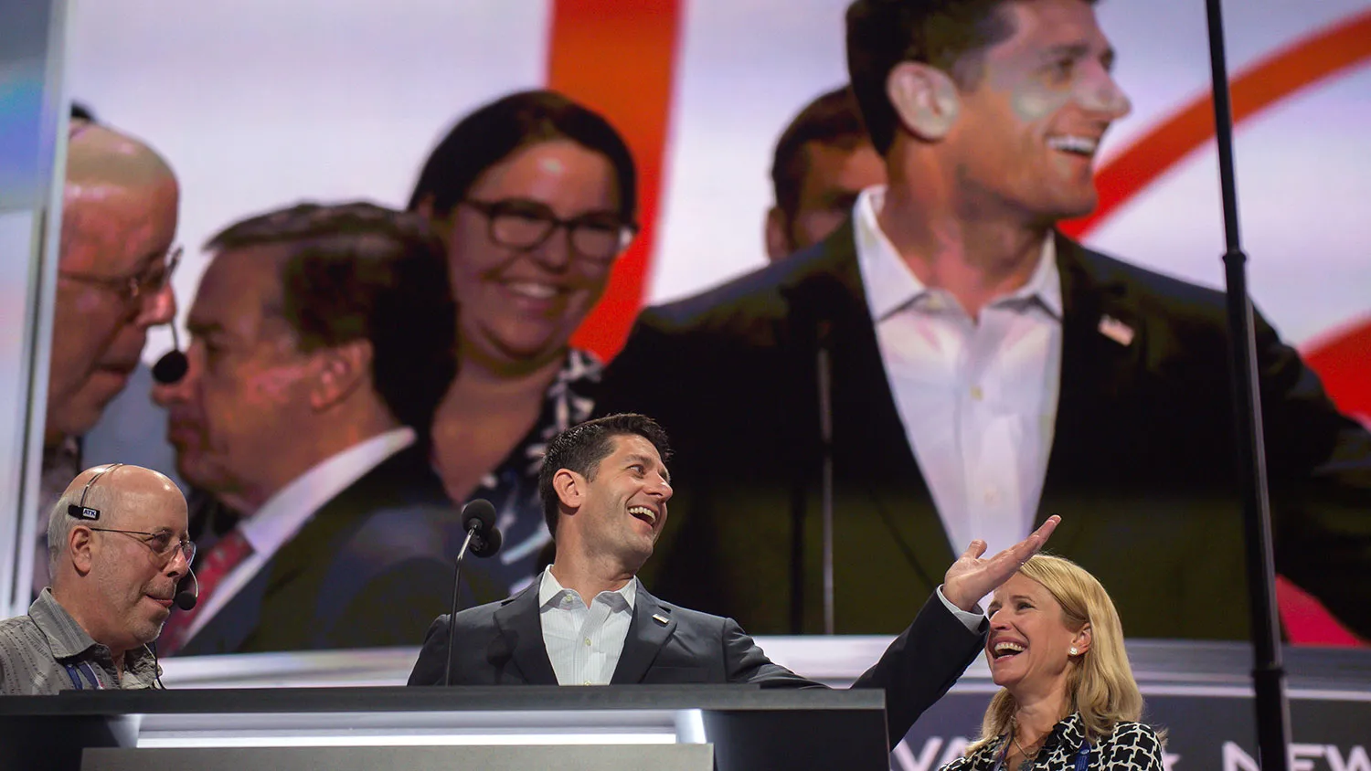 Speaker of the House Paul Ryan checks the sound and the view from the podium the day before the start of the Republican National Convention at the Quicken Loans Arena in Cleveland on July 17, 2016.
