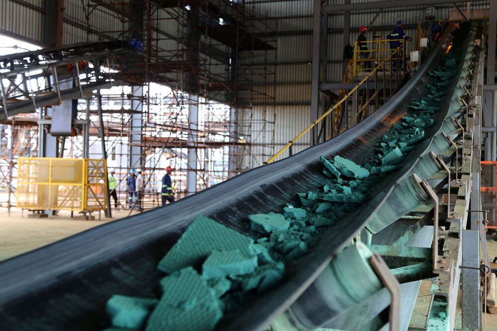 A conveyor belt carries chunks of raw cobalt at a plant in Lubumbashi, Democratic Republic of Congo.