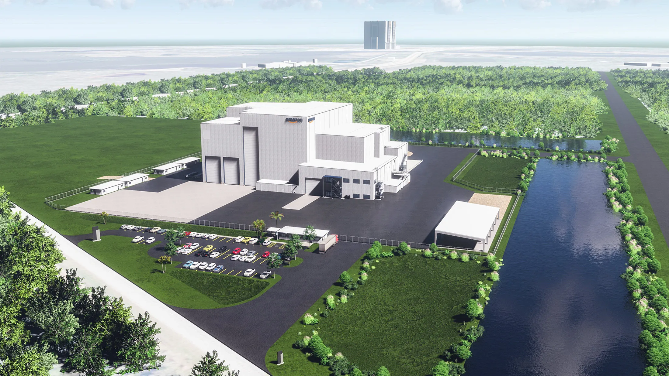 Plans for Amazon’s Project Kuiper satellite-processing facility in Florida.