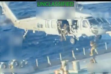 US forces intercept and seize a sanctioned oil tanker off the coast of Venezuela, in a video released by the US Department of Justice on Dec. 10.