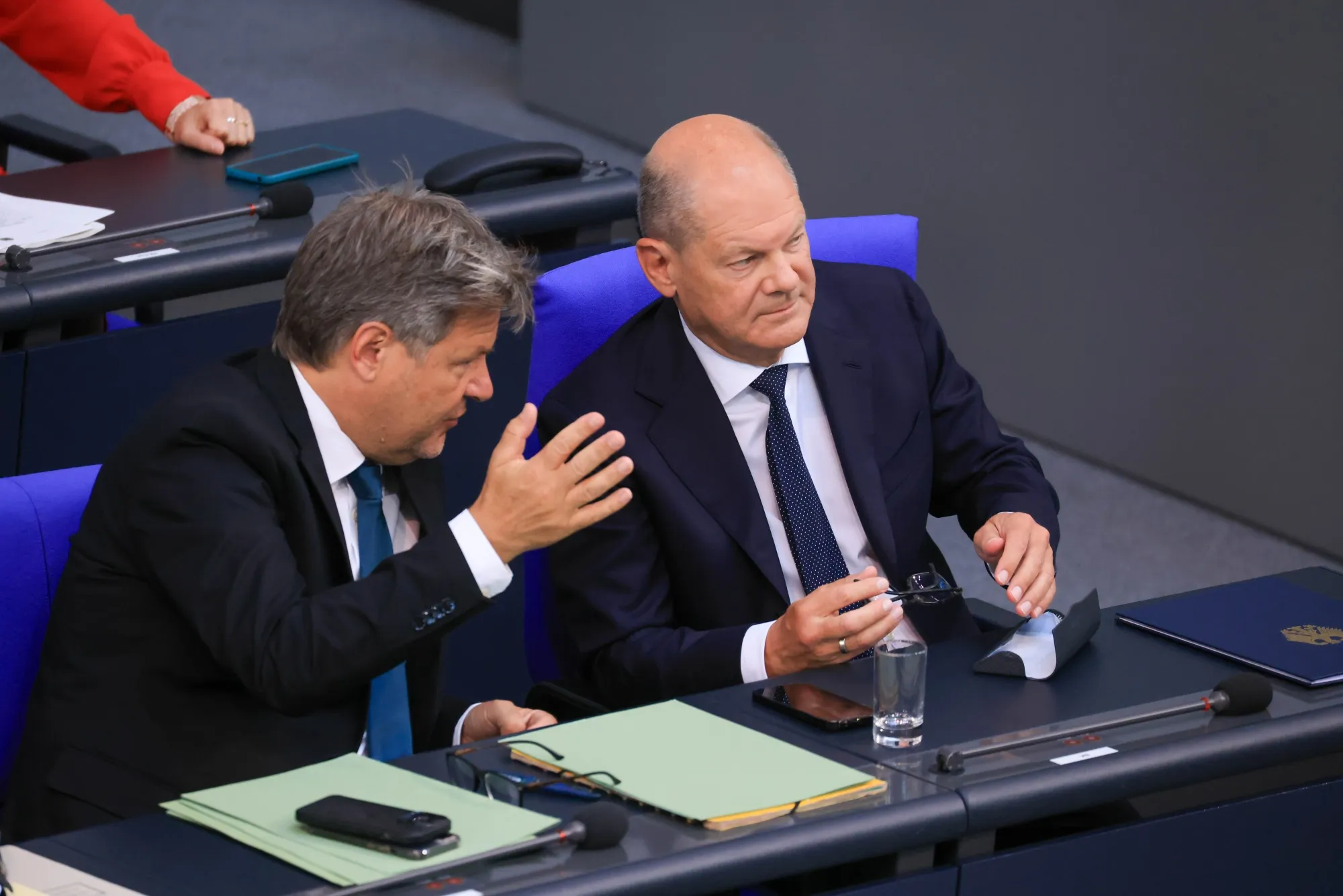 Olaf Scholz, right, and Robert Habeck at the Bundestag in Berlin on June 26.