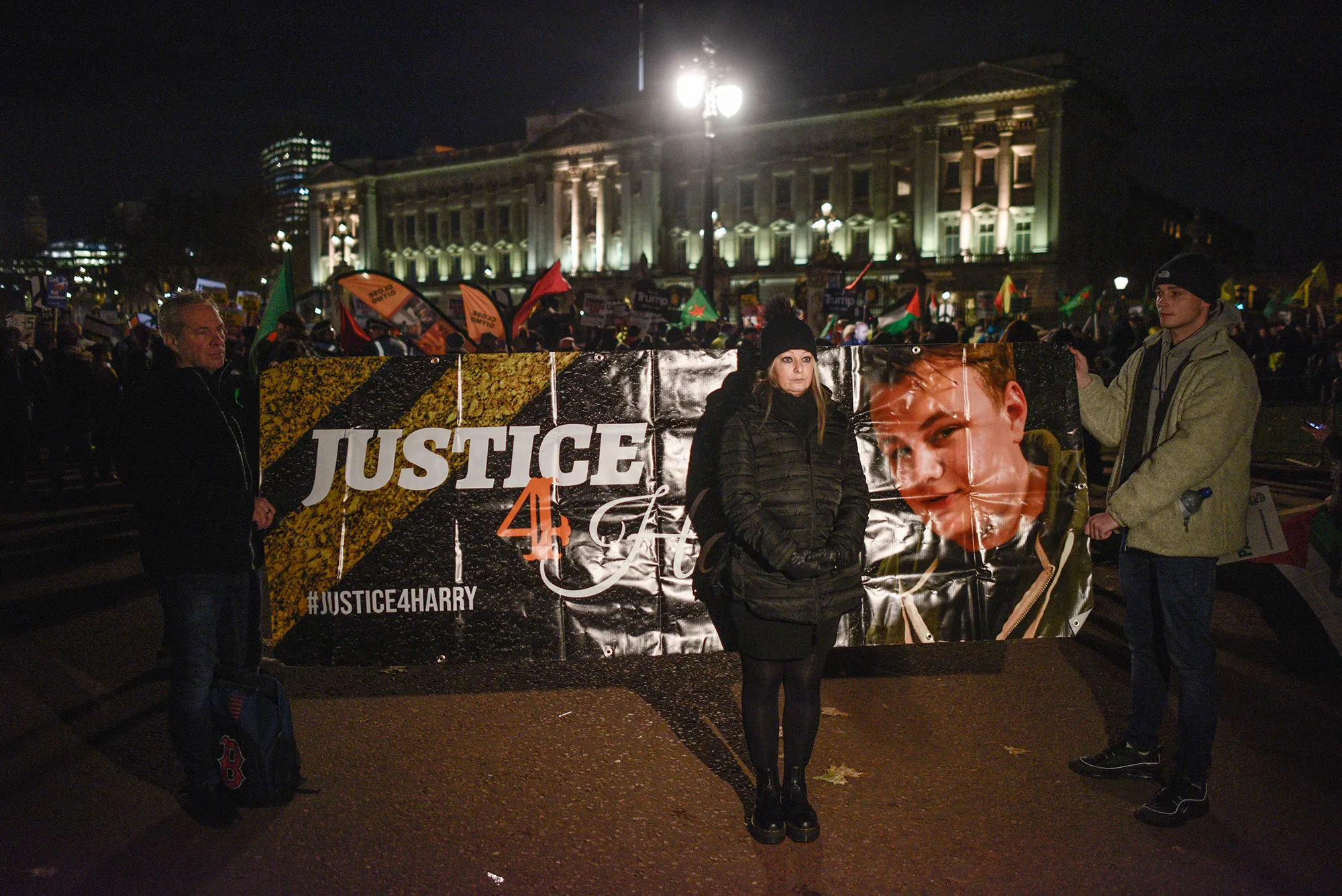 Charlotte Charles, mother of killed teenager Harry Dunn, joins a demonstration in London on Dec. 3 2019.