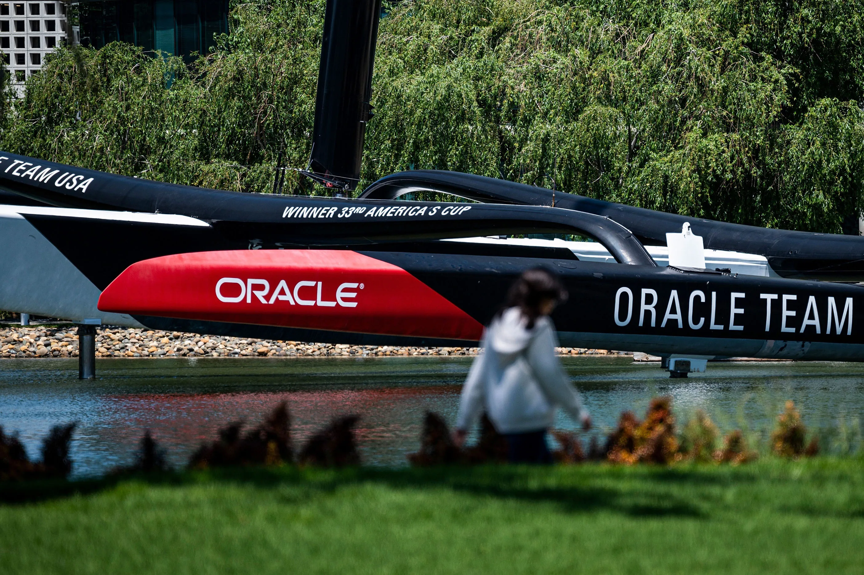 The Oracle Team USA racing yacht outside the company's offices in Redwood City, California.
