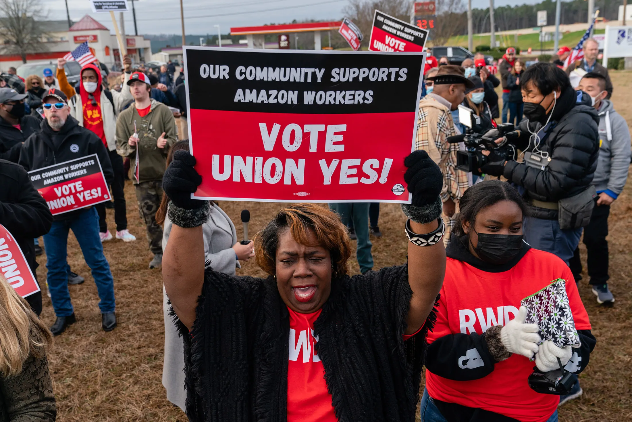 Demonstrators rally in support of a union for Amazon workers in Bessemer, Alabama, on Feb. 26, 2022. 