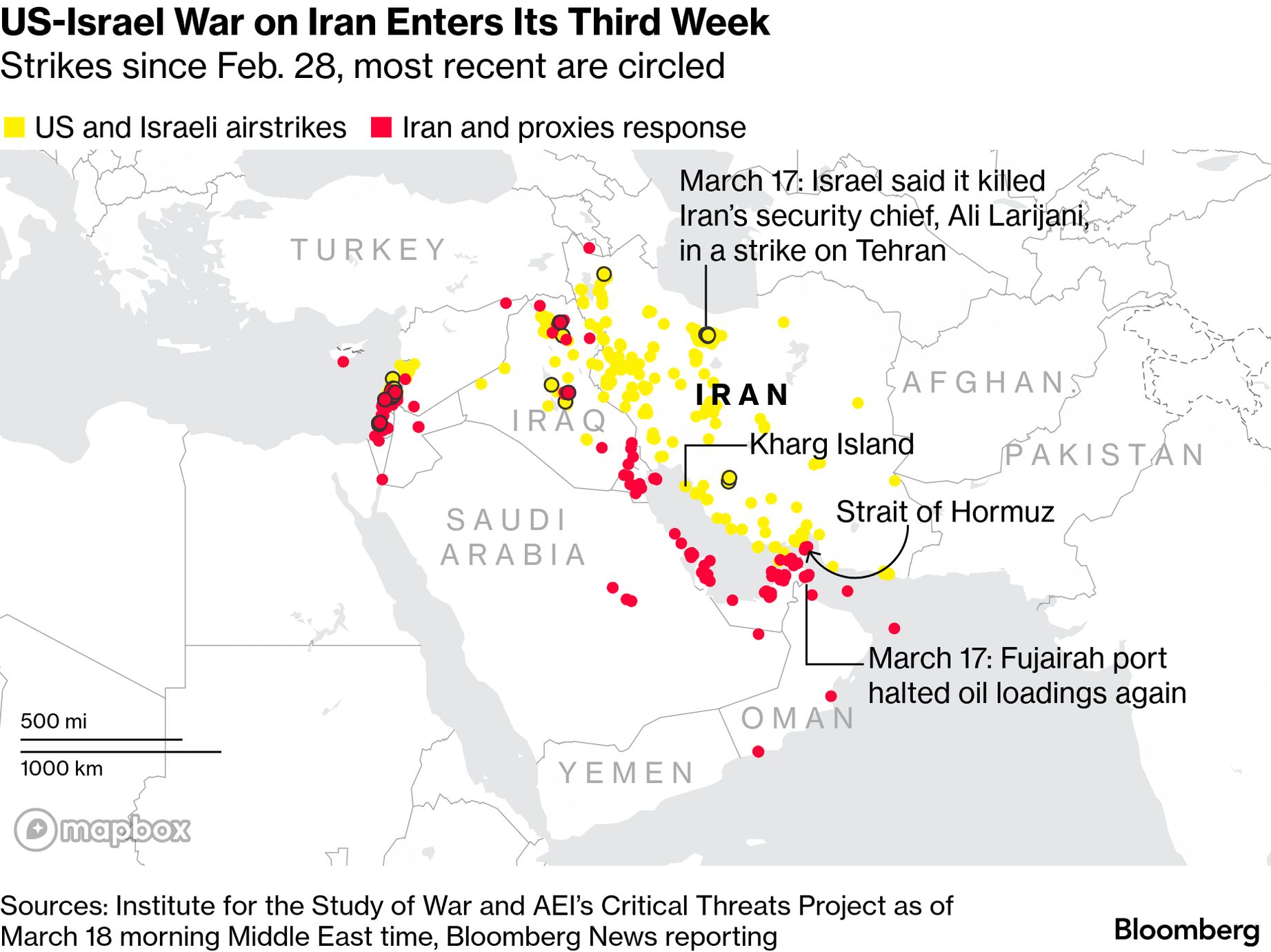 US-Israel War on Iran Enters Its Third Week | Strikes since Feb. 28, most recent are circled