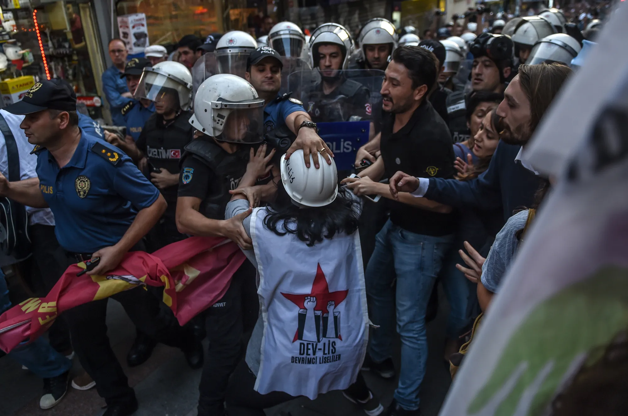 Turkish police officers clash with protesters&nbsp;gathered in support of airport workers in Istanbul on Sept.&nbsp;15.