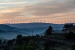 Wind turbines at a wind farm in Villafranca del Cid, Spain.