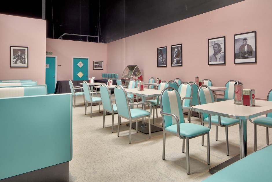 The diner in Town Square, decorated with formica tables and portraits of Fifties screen stars like James Dean and Audrey Hepburn.