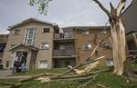 A damaged residential building following a storm in Uxbridge, Ontario, on May 23.