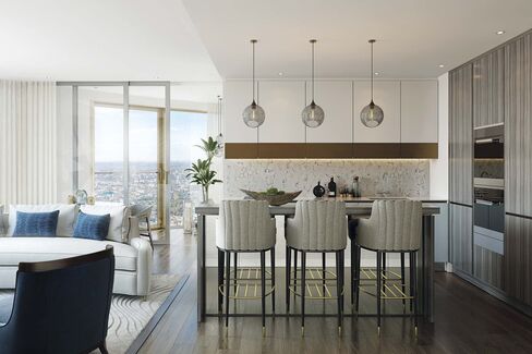 A rendering of an apartment kitchen.