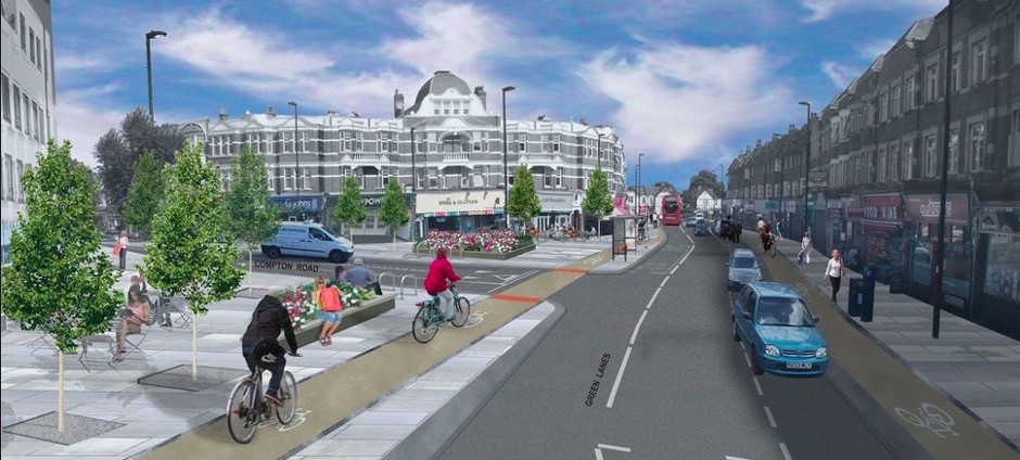 A rendering of a proposed bike lane from Palmers Green to Enfield Town.