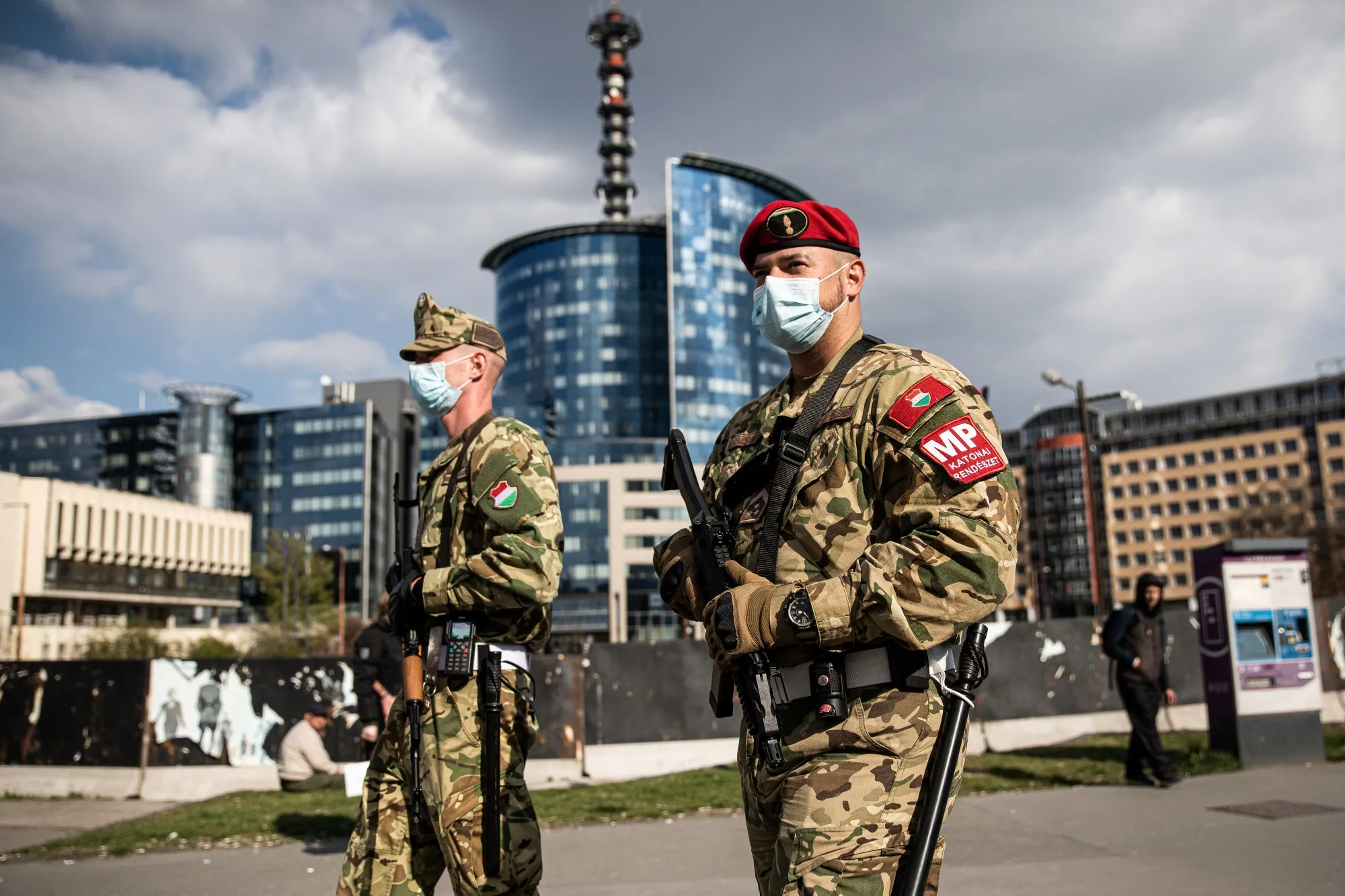 Armed soldiers patrol during the coronavirus epidemic in downtown Budapest, Hungary, on March 31.