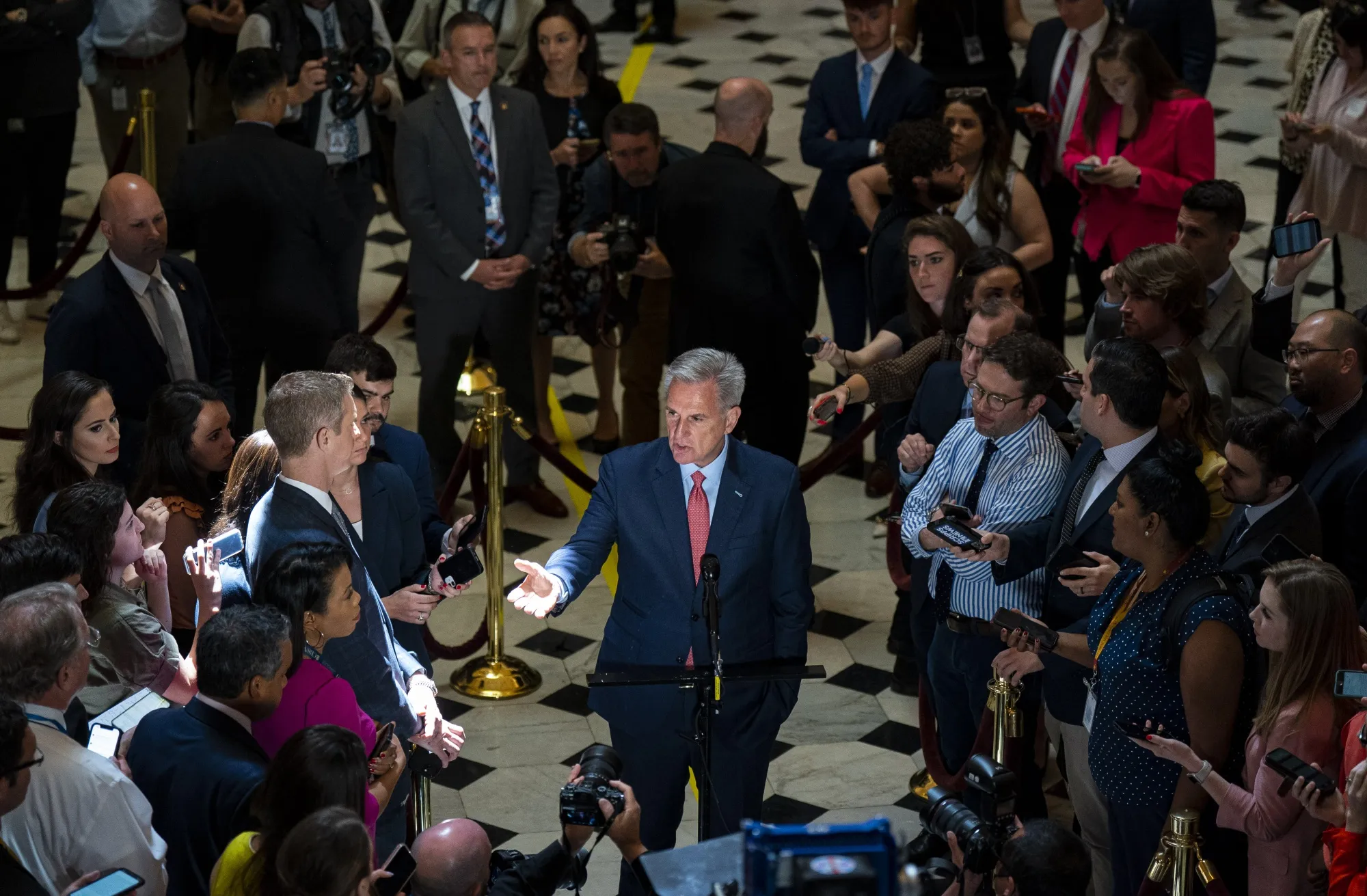 House Speaker Kevin McCarthy speaks to reporters at the Capitol on Wednesday.