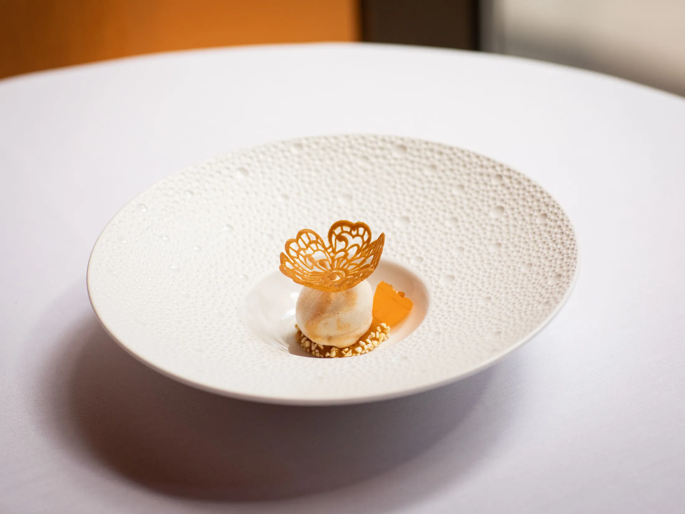 Chamomile ice cream made with Fy cream cheese, on the tasting menu at Le Bernardin.
