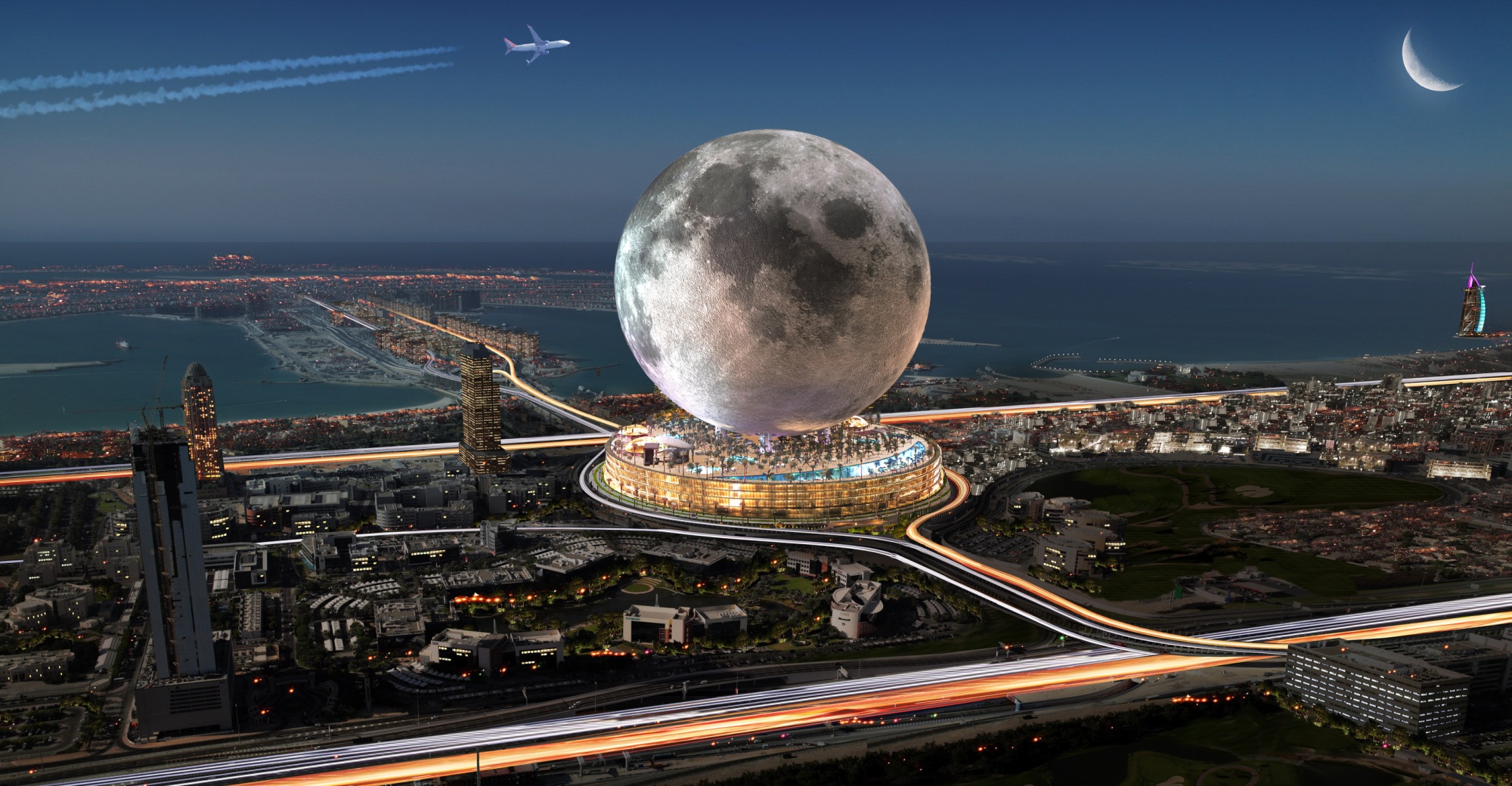 A Canadian firm has created a rendering of what a giant resort recreating the moon, if built on the site of the stalled Dubai Pearl project, could look like.