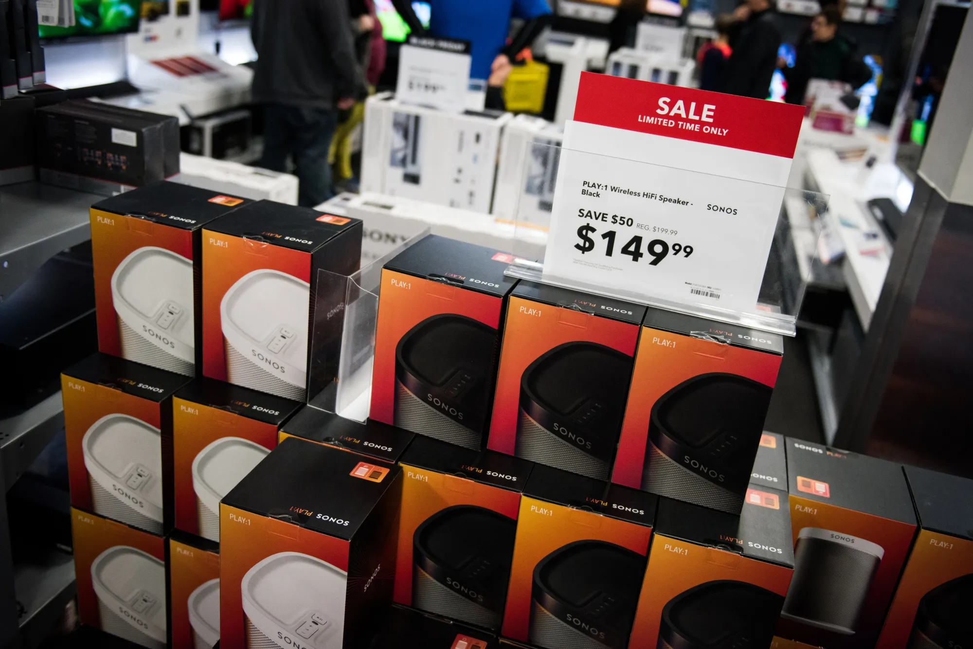 Sonos Inc. speakers are displayed for sale with a sign reading "Sale Limited Time Only" at a Best Buy Inc. store in Paramus, New Jersey, U.S., on Friday, Nov. 25, 2016.
