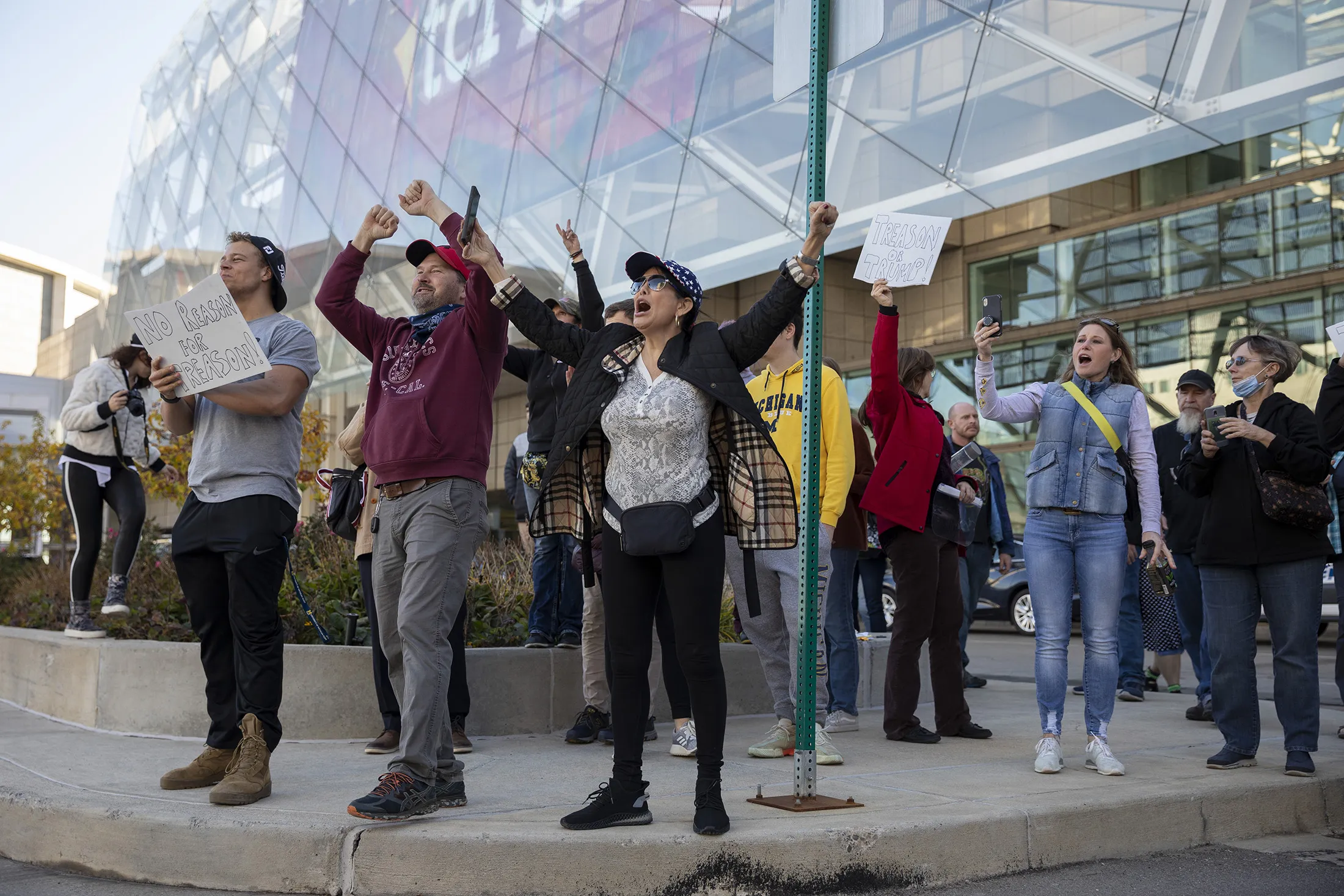 Protesters gather outside the TCF Center in Detroit, on Nov. 4.