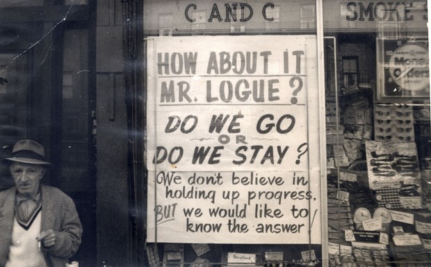 A sign protesting urban renewal in Boston circa 1960-1975