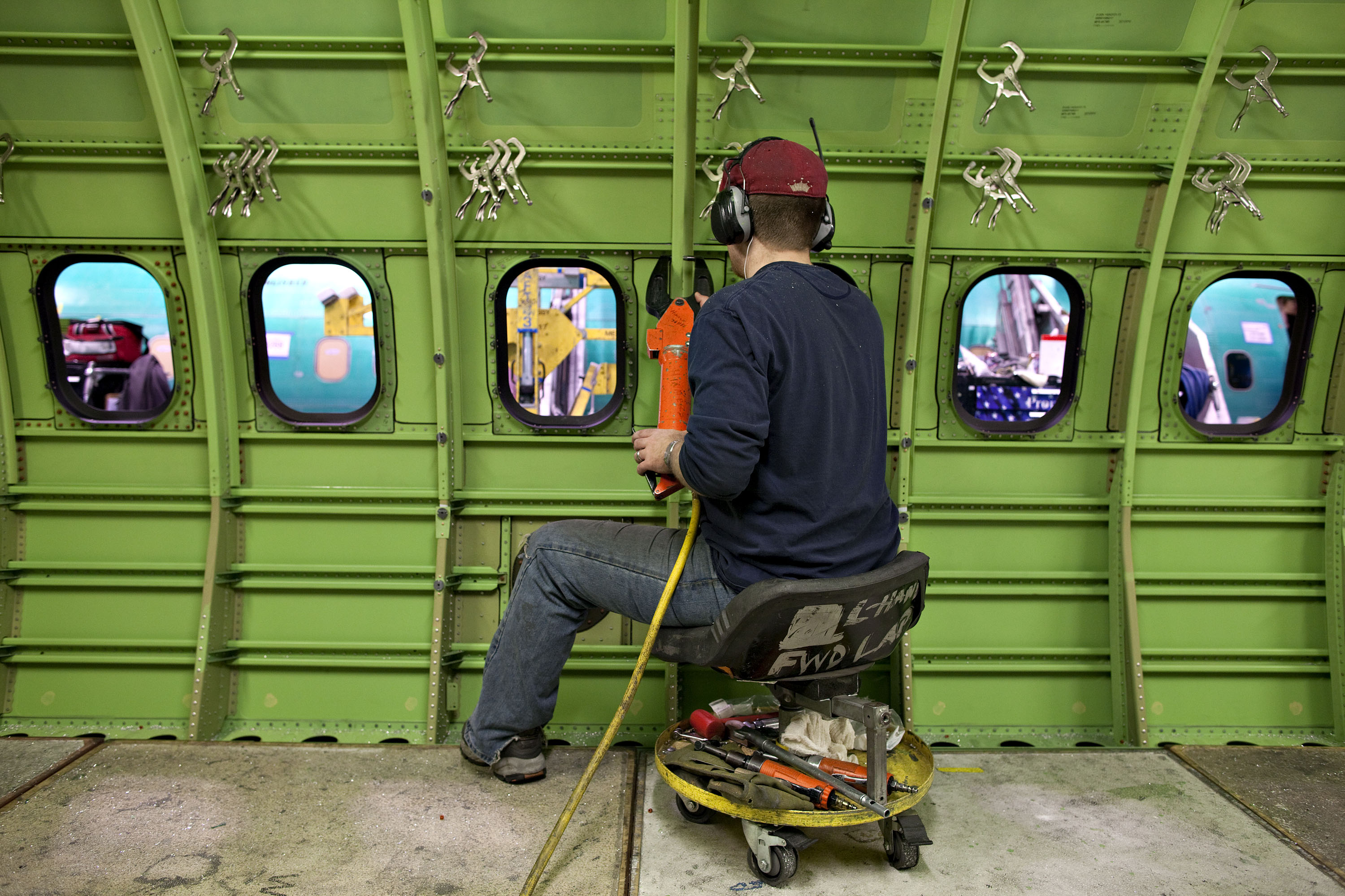 A worker during assembly of a Boeing 737 in Wichita, Kansas.