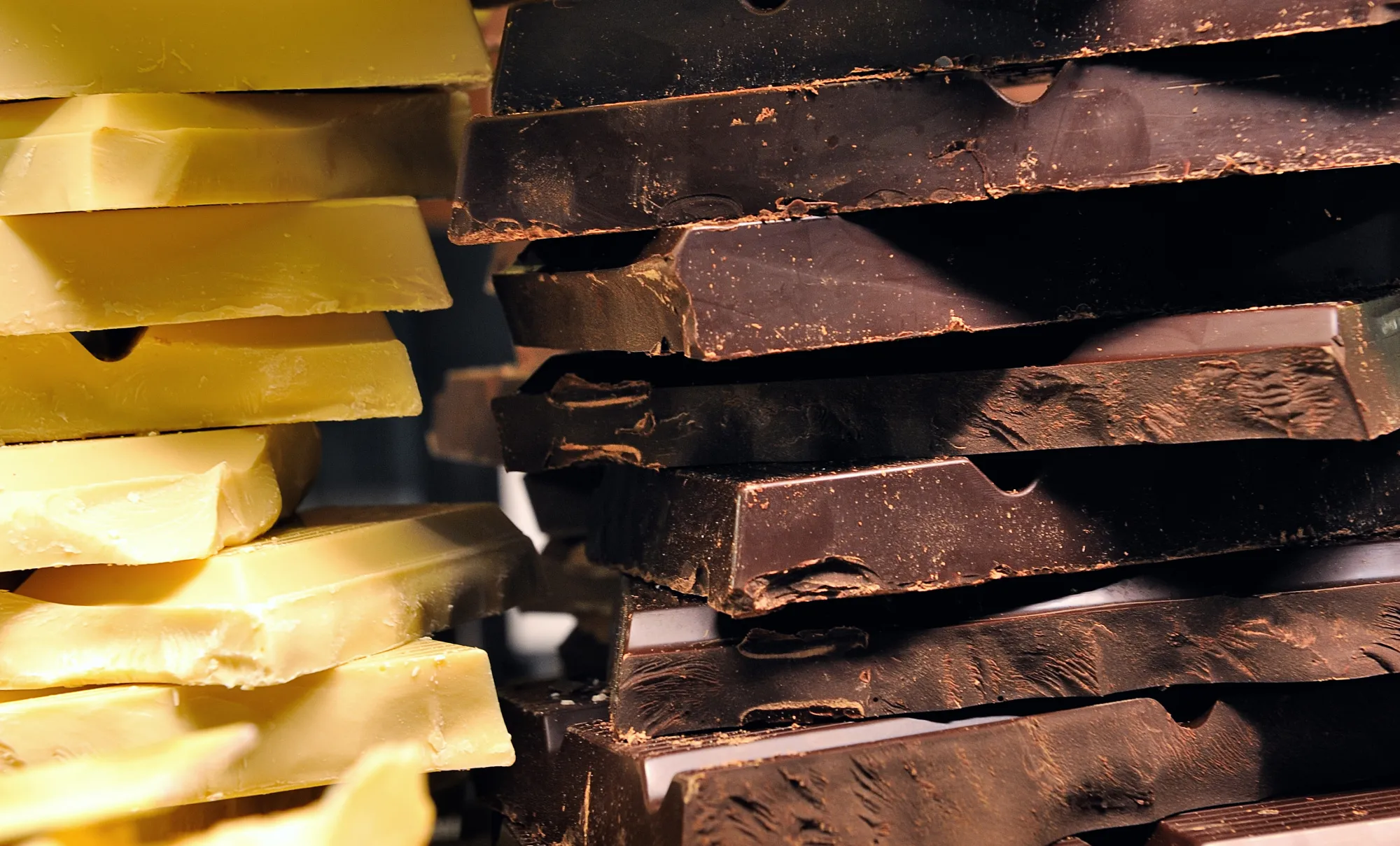 White and black chocolate bars are displayed at a stand as part of the "Salon du Chocolat" (chocolate fair) on March 9, 2012, in Lille. AFP PHOTO / PHILIPPE HUGUEN (Photo credit should read PHILIPPE HUGUEN/AFP/Getty Images)