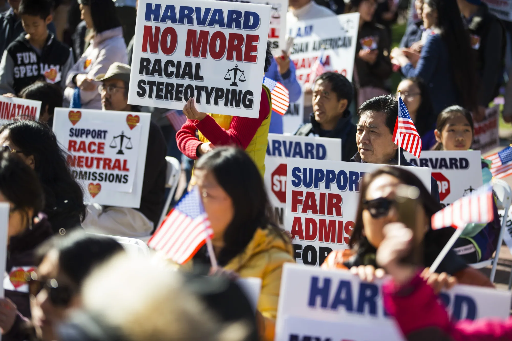 Demonstrators against Harvard’s admission process during a protest at Copley Square in Boston in 2018.&nbsp;