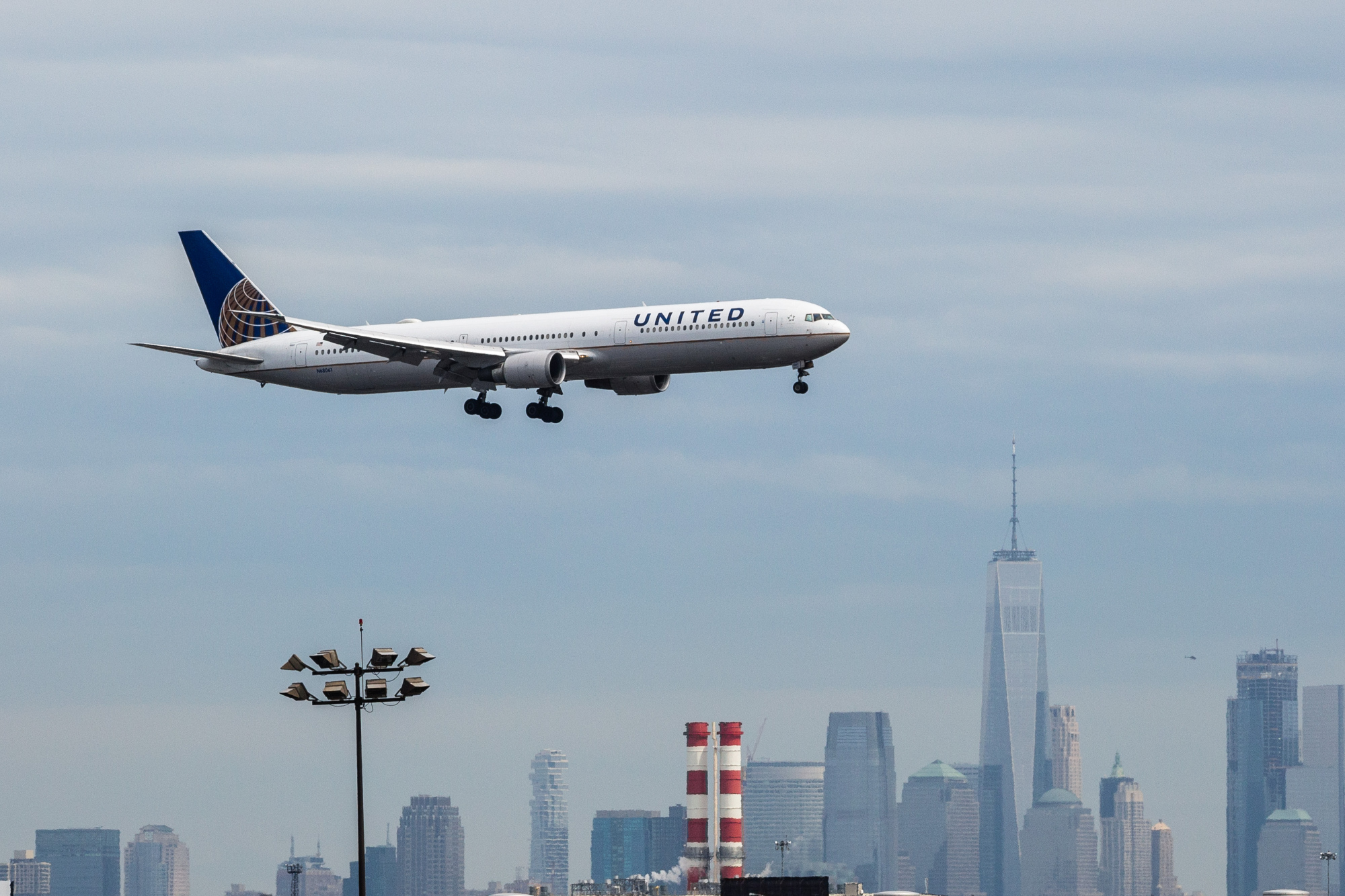 A United Continental Holdings Inc. airplane prepares for landing at Newark Liberty International Airport.