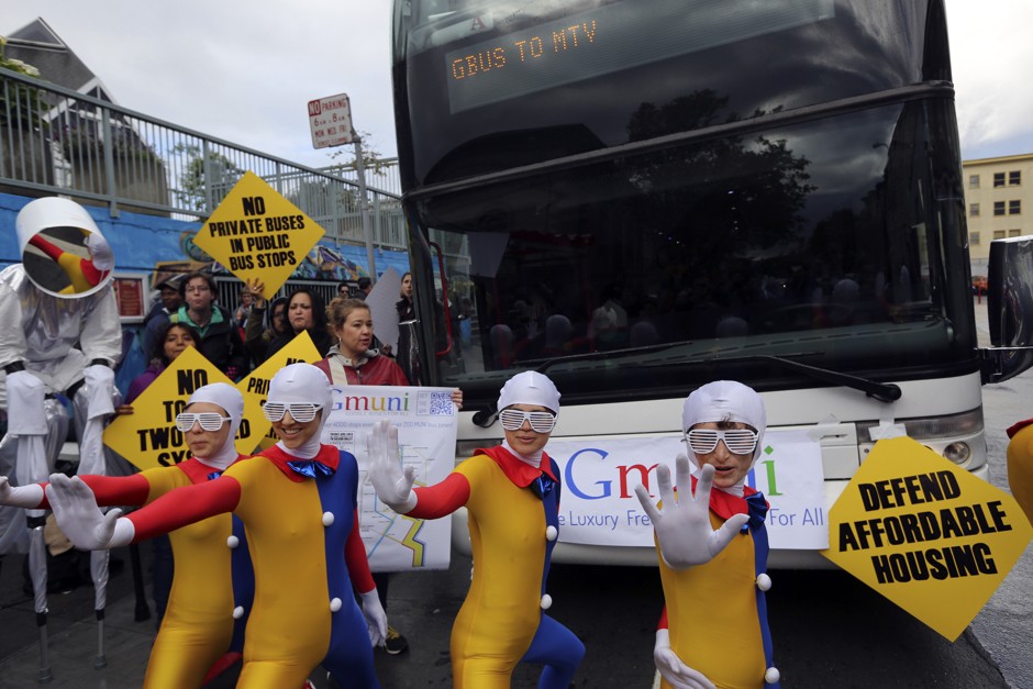 San Francisco demonstrators block a Google commuter bus in April 2014. 