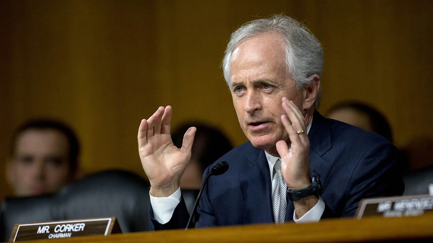 Senator Bob Corker, a Republican from Tennessee and chairman of the Senate Foreign Relations Committee, questions witnesses during a Senate Foreign Relations Committee in Washington, D.C., U.S., on Wednesday, March 11, 2015. Secretary of State John Kerry said the Obama administration's proposed authorization for the military campaign against Islamic State would let the U.S. "speak with a single powerful voice at this pivotal hour."
