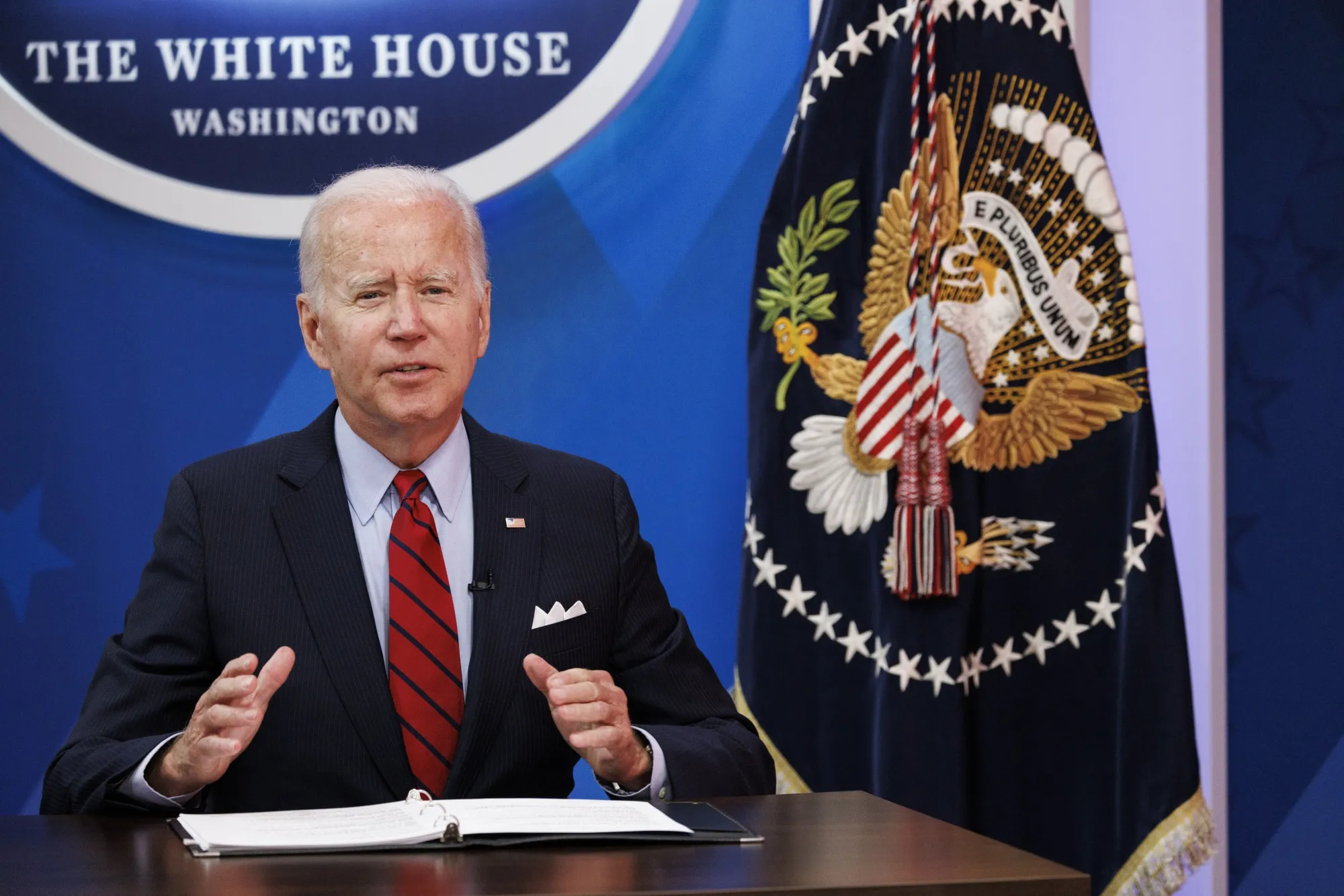 President Joe Biden speaks while meeting virtually with governors in the Eisenhower Executive Office Building in Washington, D.C.,&nbsp;on&nbsp;July 1.