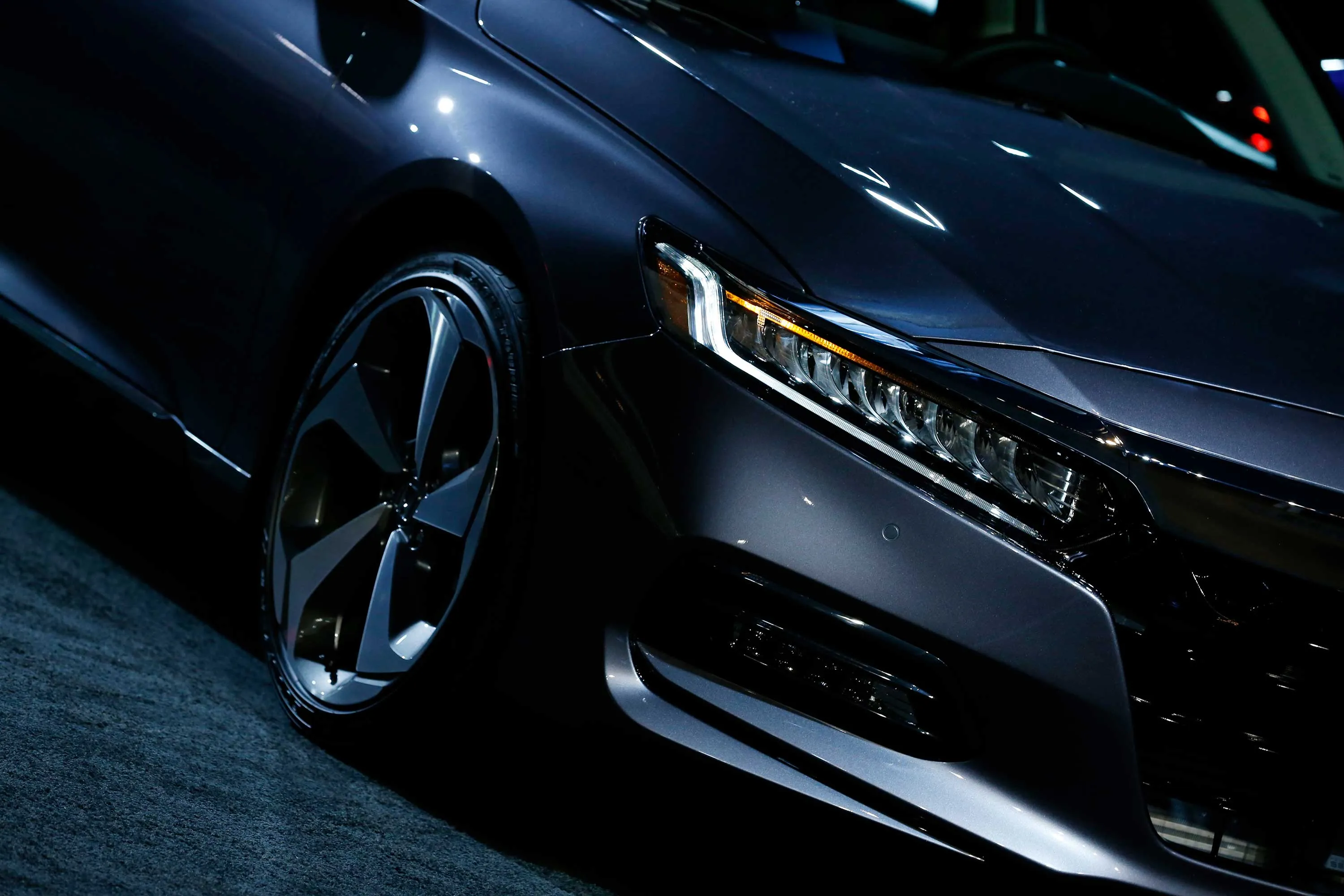 The 2018 Honda Motor Co. Accord vehicle sits on display during a global reveal event in Detroit, Michigan, U.S., on Friday, July 14, 2017.
