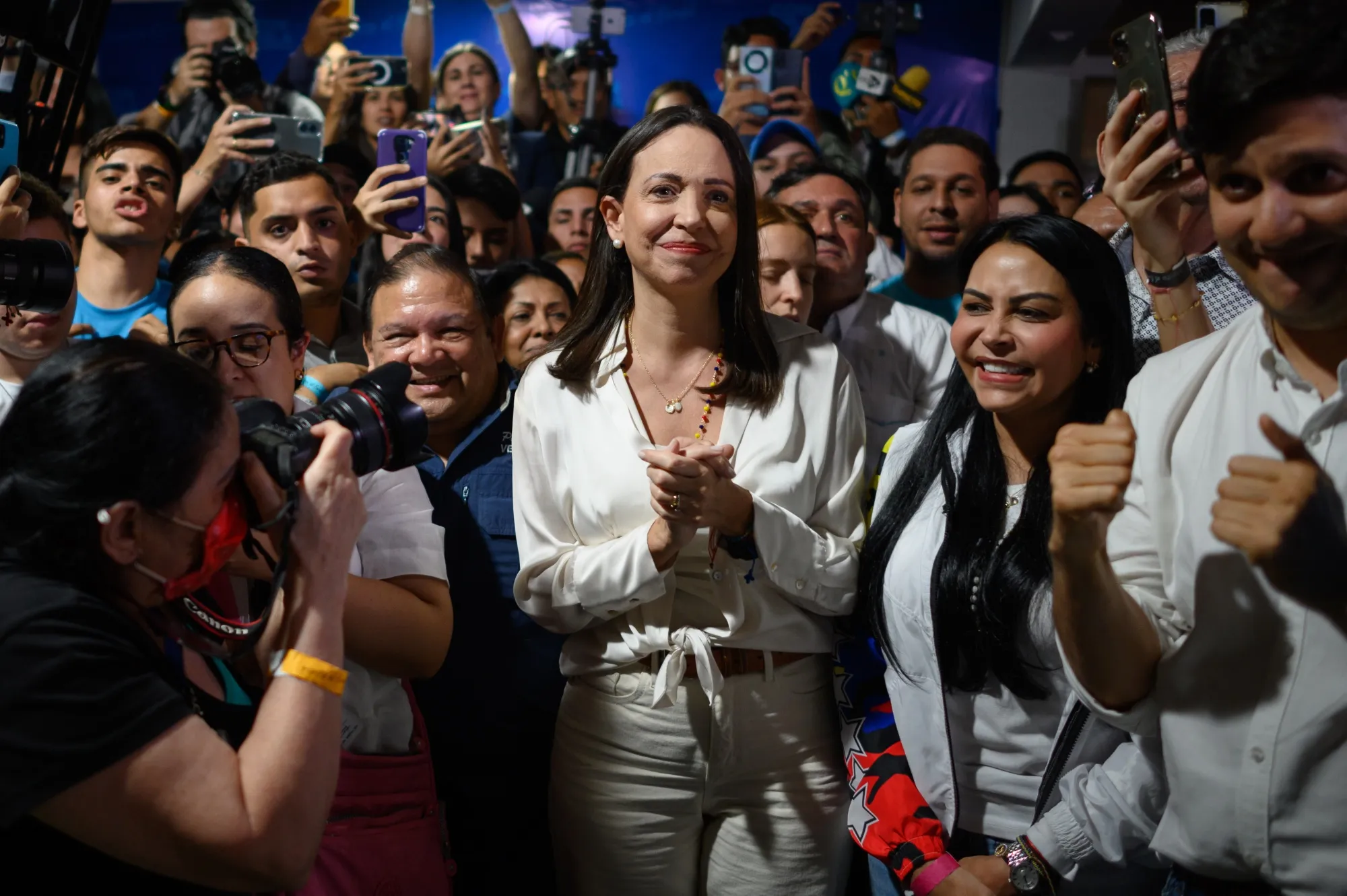 Maria Corina Machado celebrates during an election night rally in Caracas, Venezuela, on&nbsp;Oct. 23.