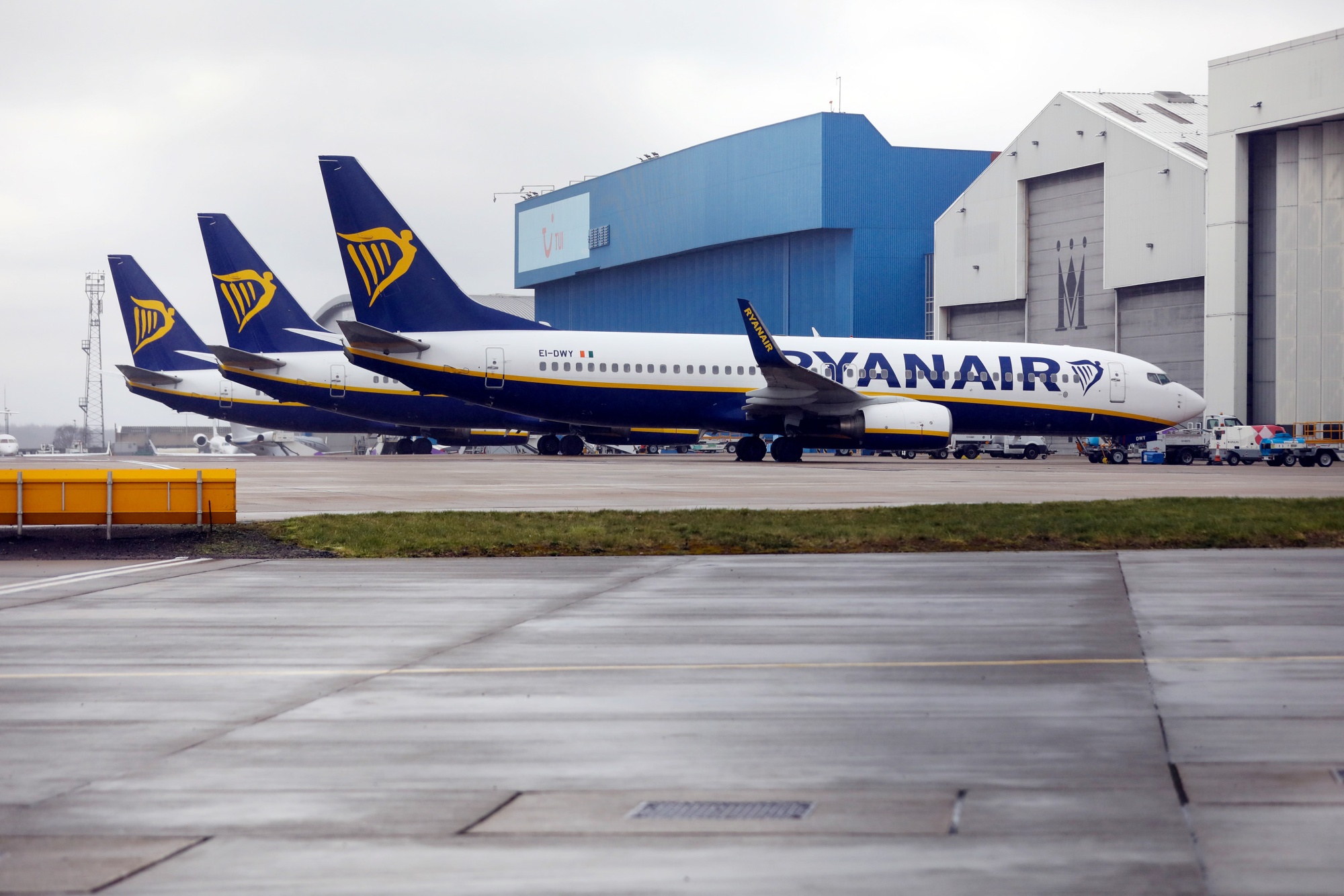 Ryanair Holdings Plc aircraft sit parked at London Luton Airport, on March 30.