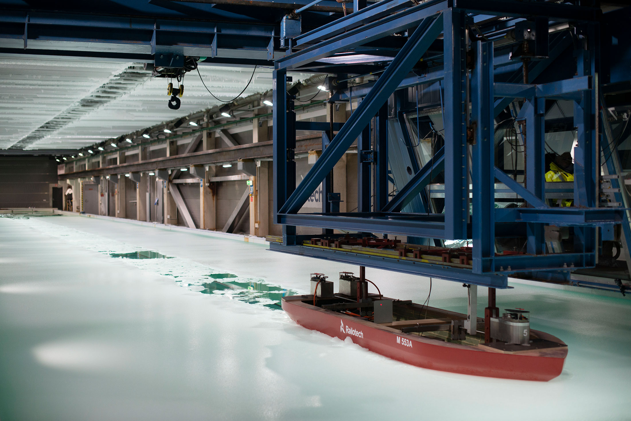 A model ship breaking ice at Railotech’s test basin. Photographer: Louie Palu/Panos Pictures