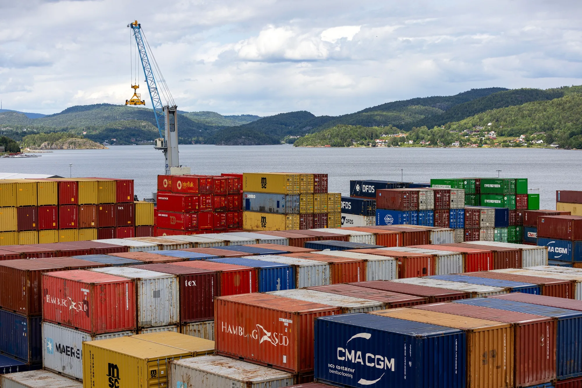 Shipping containers at the Greenland Terminal in the port at Brevik, Norway.