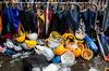 Helmets and umbrellas during a protest in Hong Kong. 